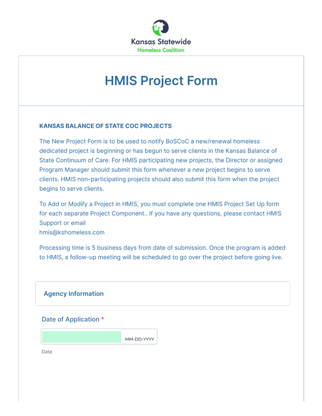 HMIS Project Form screenshot