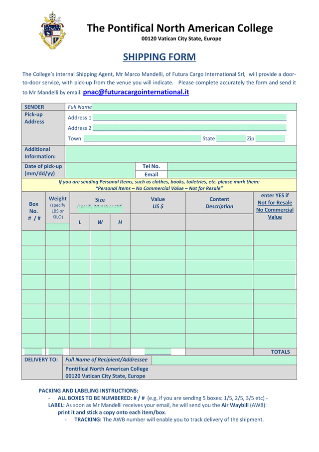 Shipping Form screenshot