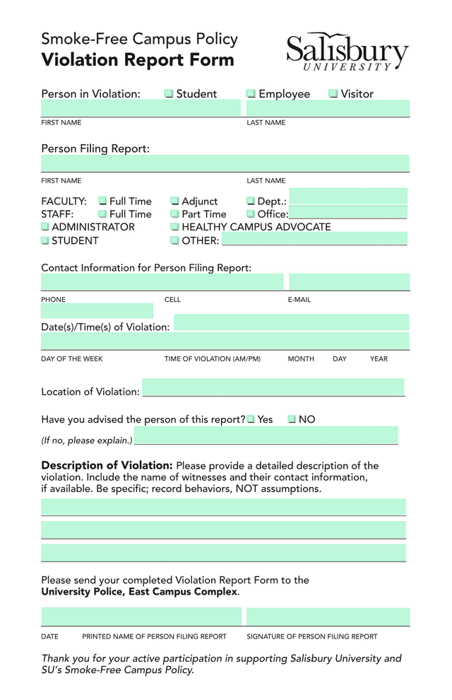 Smoke Free Campus Policy Violation Report Form screenshot