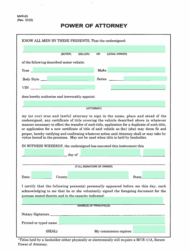 MVR 63 Power Of Attorney screenshot
