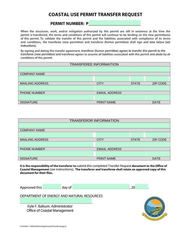 Coastal Use Permit Transfer Request screenshot