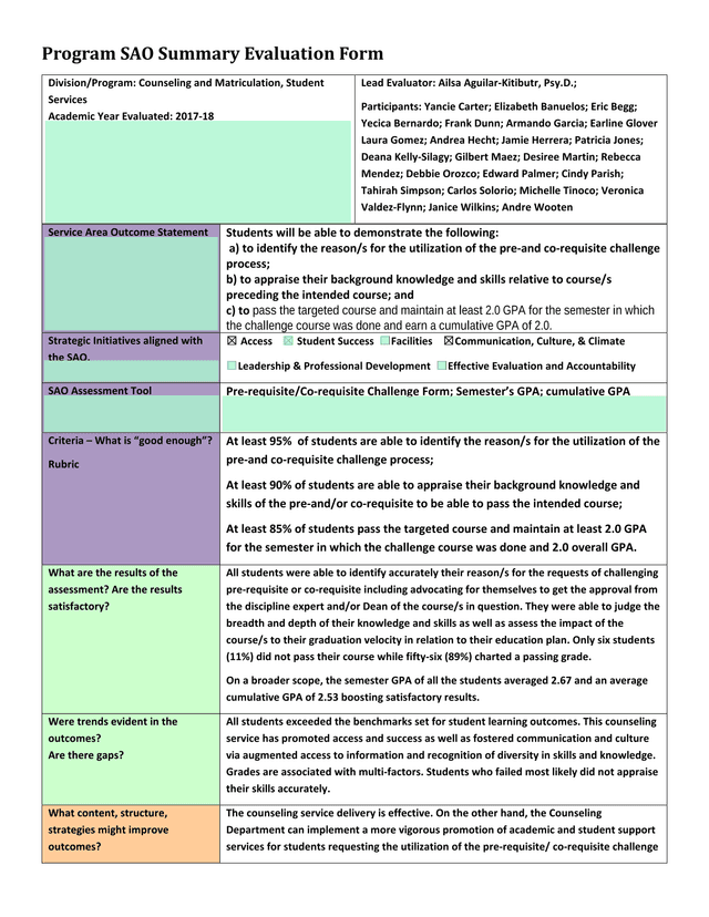 Program SAO Summary Evaluation Form screenshot
