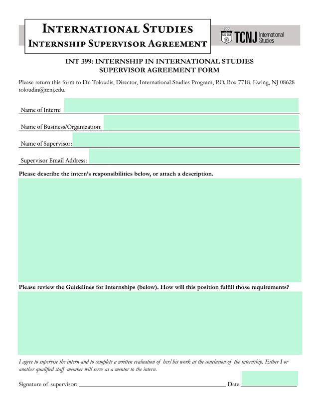 INT 399 INTERNSHIP IN INTERNATIONAL STUDIES SUPERVISOR AGREEMENT FORM screenshot