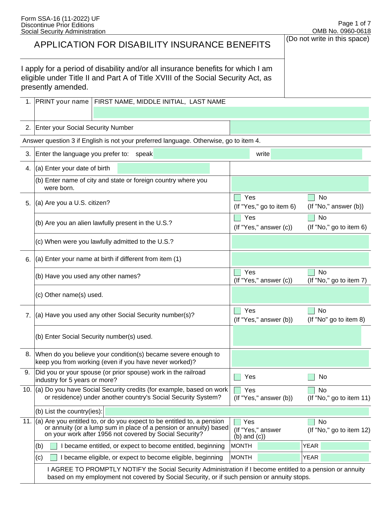 SSA 16: Application for Disability Benefits screenshot