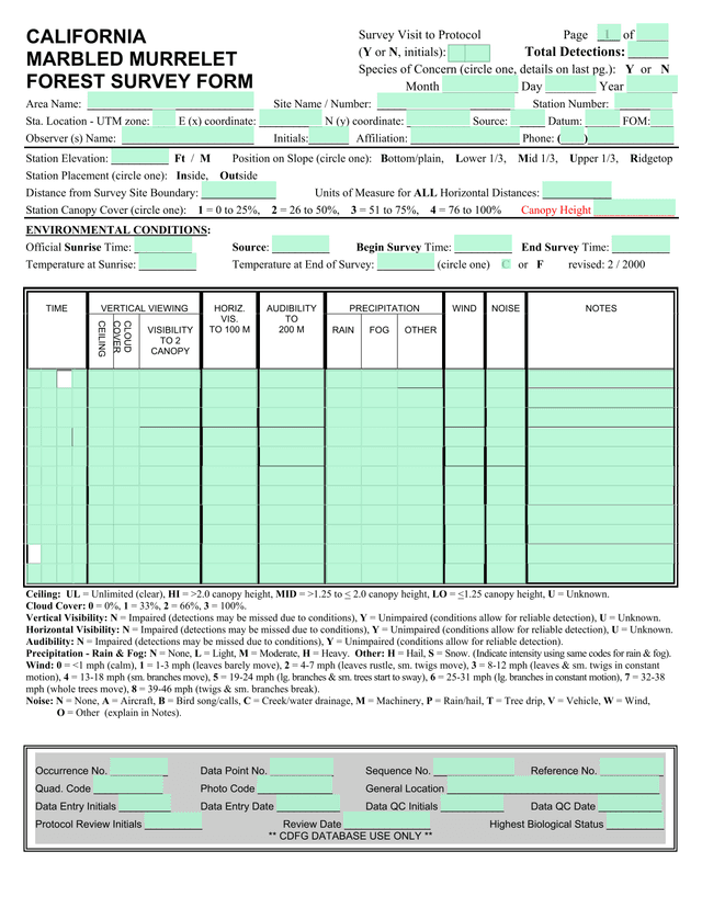 California Marbled Murrelet Forest Survey Form screenshot