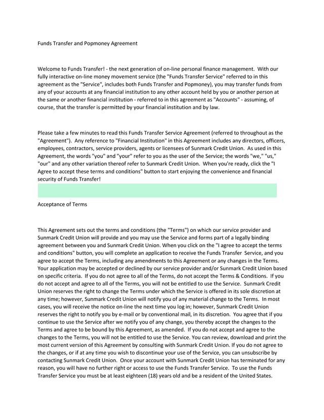 Funds Transfer And Popmoney Agreement screenshot