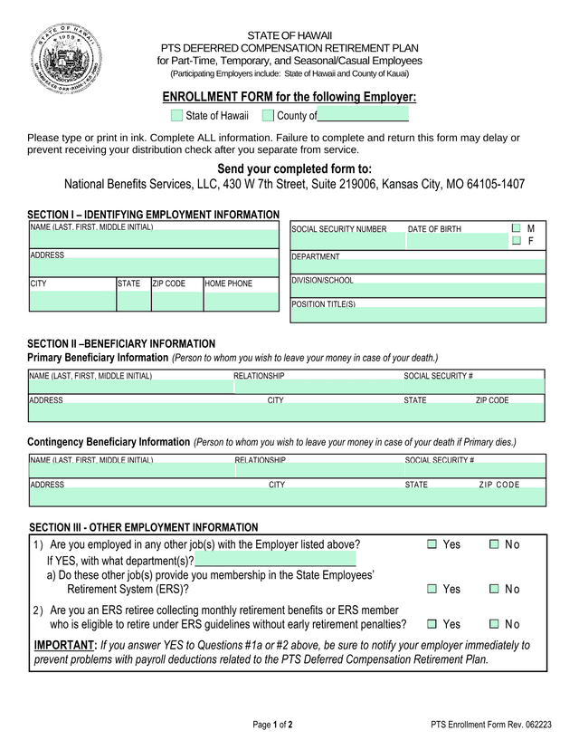 State Of Hawaii PTS Deferred Compensation Retirement Plan Enrollment Form screenshot
