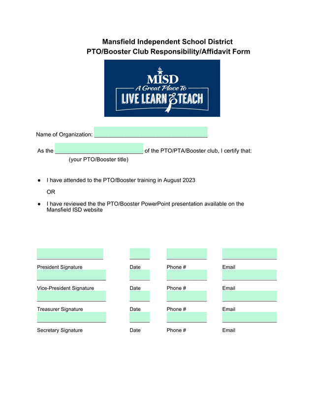 PTOBooster Club ResponsibilityAffidavit Form screenshot