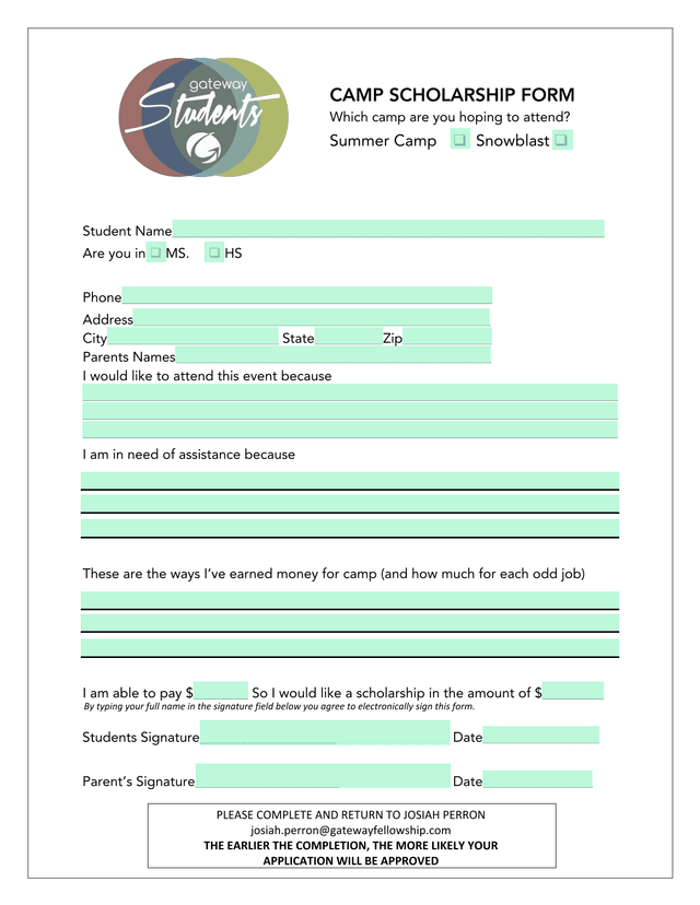 Camp Scholarship Form screenshot