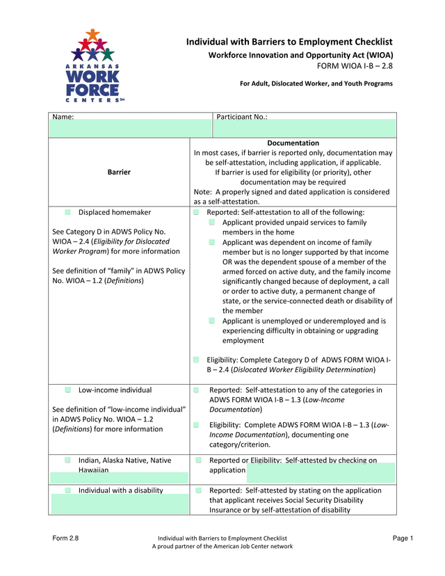 Individual With Barriers To Employment Checklist screenshot