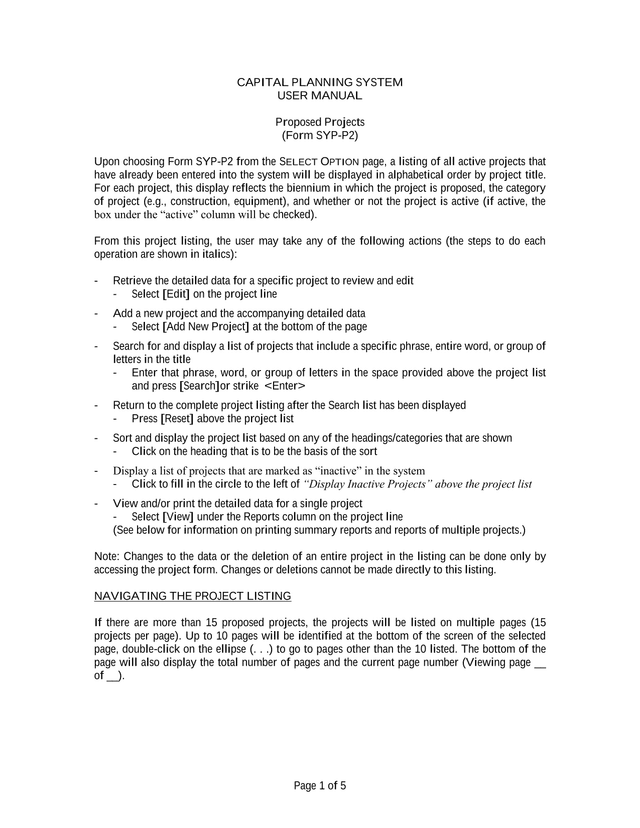 CAPITAL PLANNING SYSTEM USER MANUAL screenshot