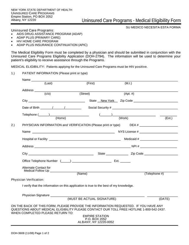 DOH 3608 Uninsured Care Programs   Medical Eligibility Form screenshot