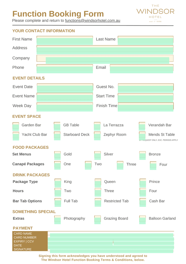 Windsor Hotel Function Booking Form screenshot