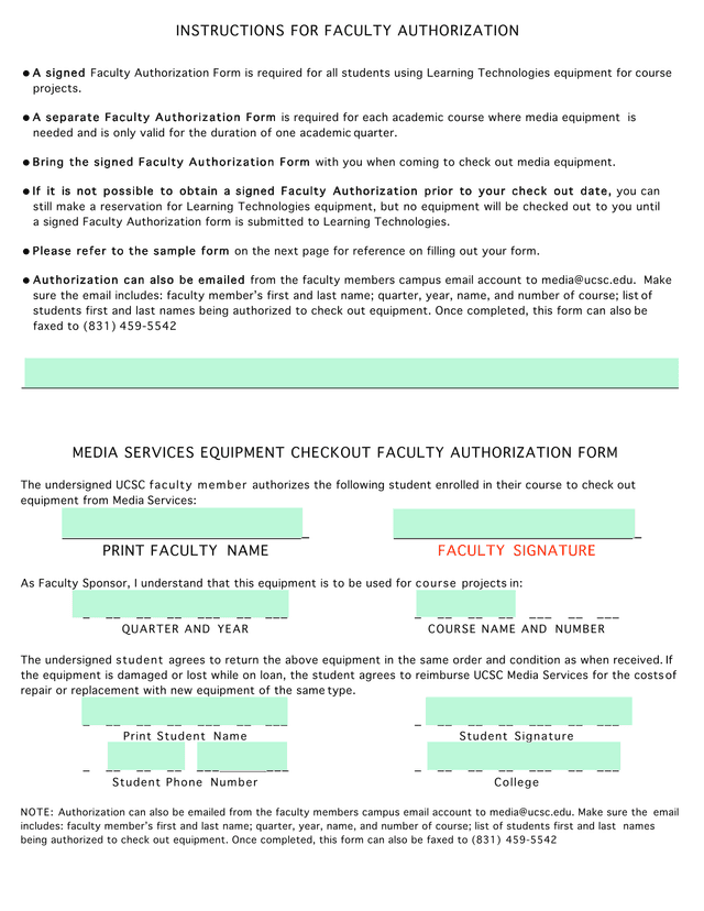 MEDIA SERVICES EQUIPMENT CHECKOUT FACULTY AUTHORIZATION FORM screenshot