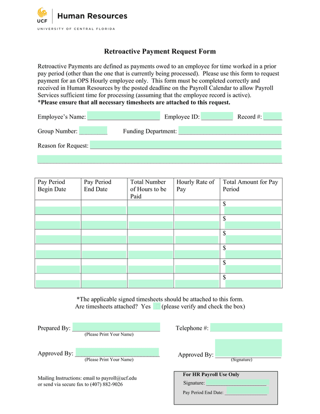 Retroactive Payment Request Form screenshot