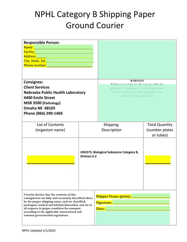 NPHL Category B Shipping Paper screenshot