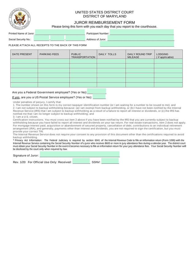 Juror Reimbursement Form screenshot