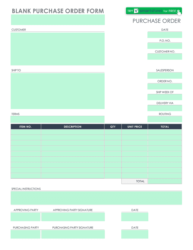 BLANK PURCHASE ORDER FORM screenshot