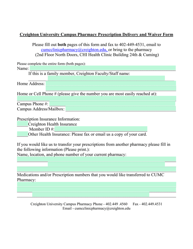 Creighton University Campus Pharmacy Prescription Delivery And Waiver Form screenshot