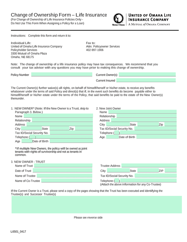 Change Of Ownership Form  Life Insurance screenshot