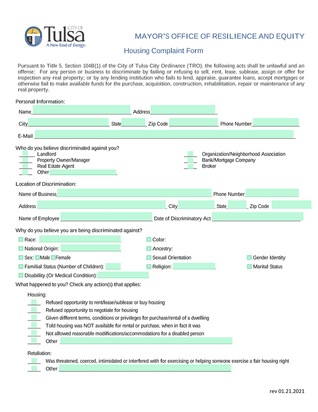 Housing Complaint Form screenshot