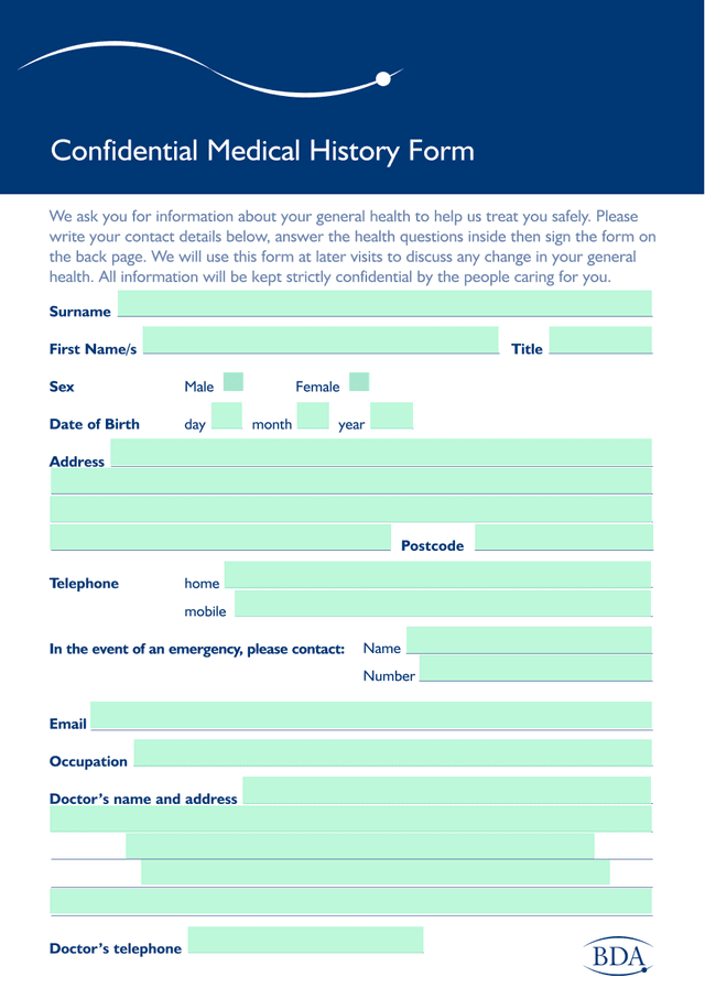 Confidential Medical History Form screenshot