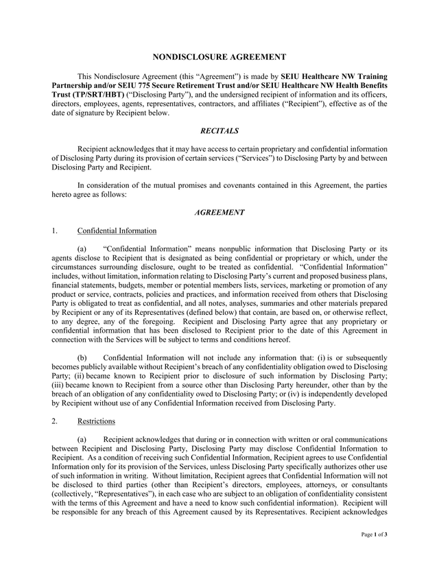 Nondisclosure Agreement screenshot