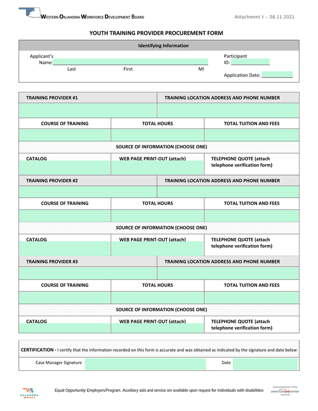YOUTH TRAINING PROVIDER PROCUREMENT FORM screenshot