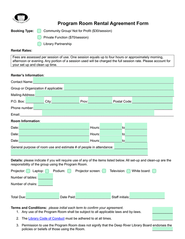 Program Room Rental Agreement Form screenshot