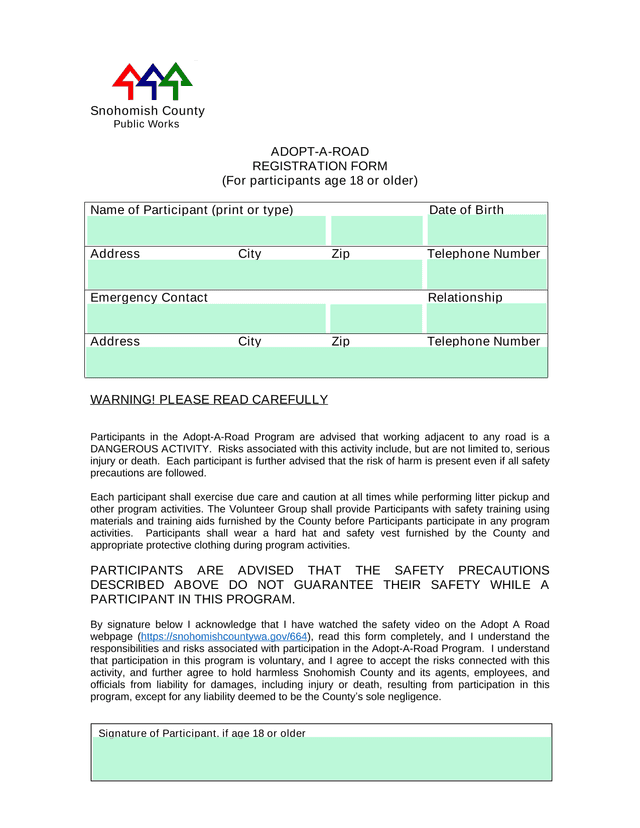 Snohomish County Public Works Adopt A Road Registration Form screenshot