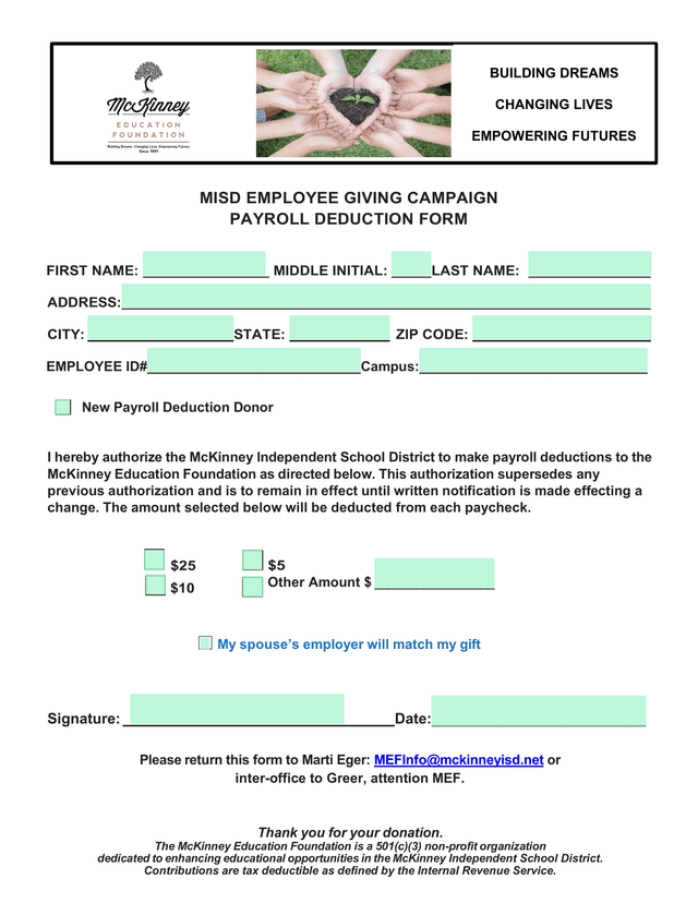 MISD Employee Giving Campaign Payroll Deduction Form screenshot