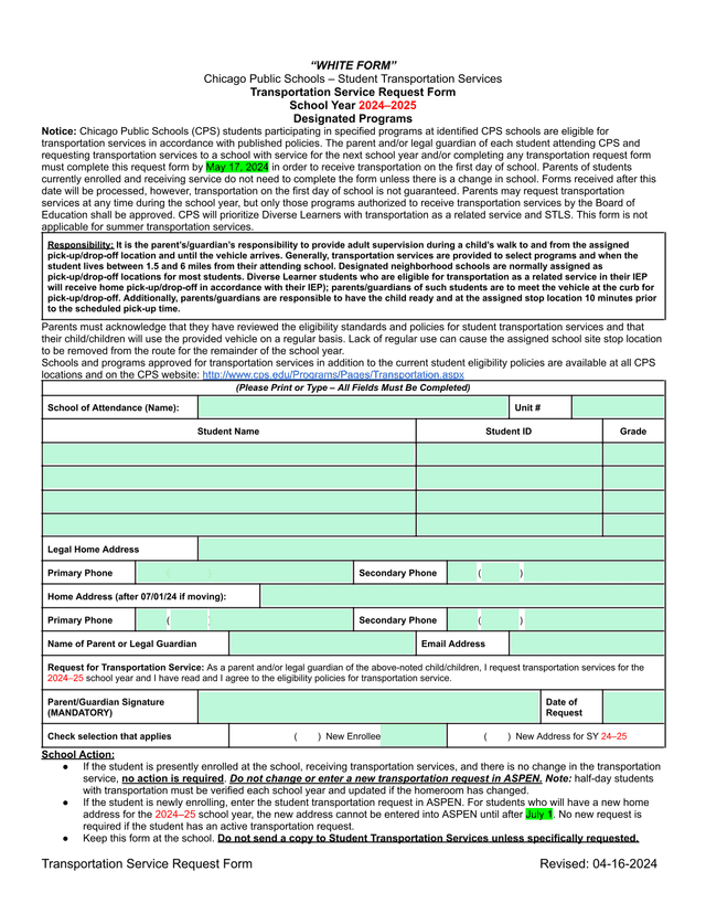 Transportation Service Request Form screenshot
