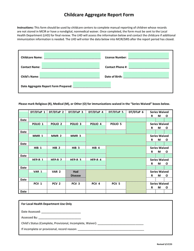 Childcare Aggregate Report Form screenshot