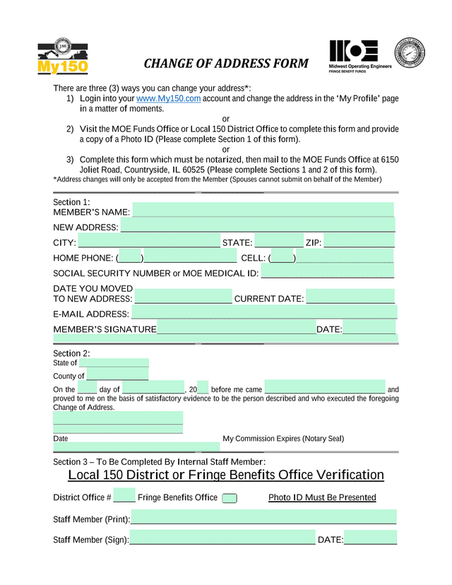 CHANGE OF ADDRESS FORM screenshot
