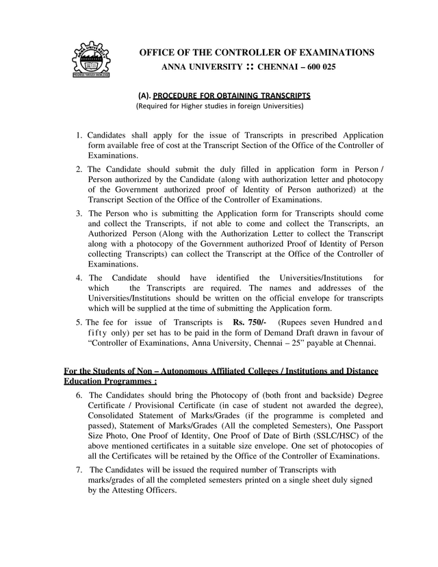 Procedure For Obtaining Transcripts screenshot