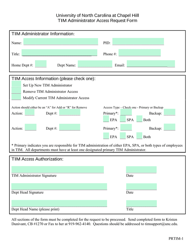 TIM Administrator Access Request Form screenshot