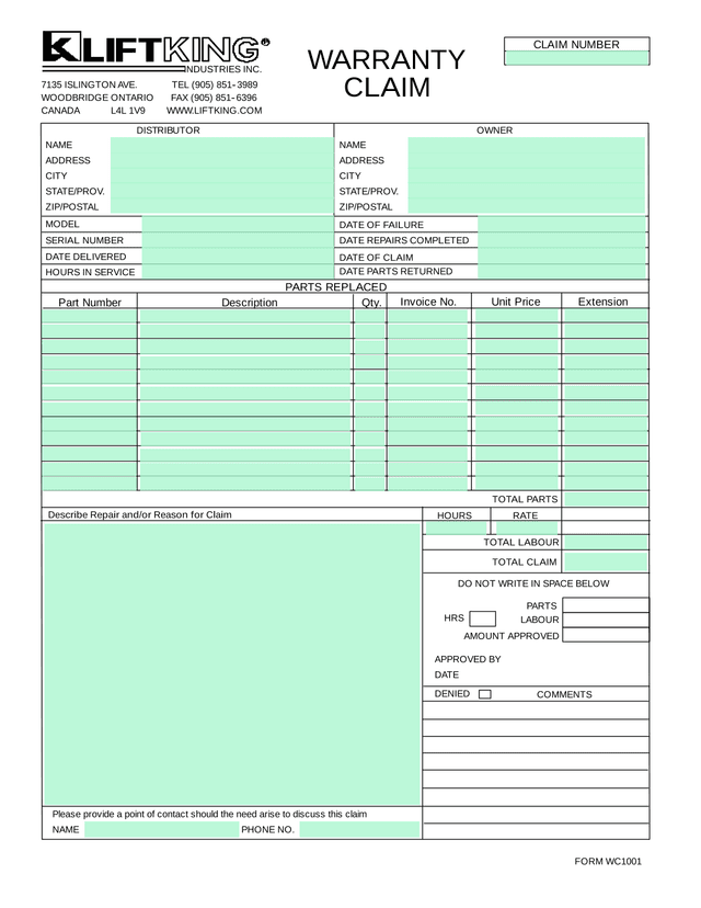 Warranty Claim Form screenshot