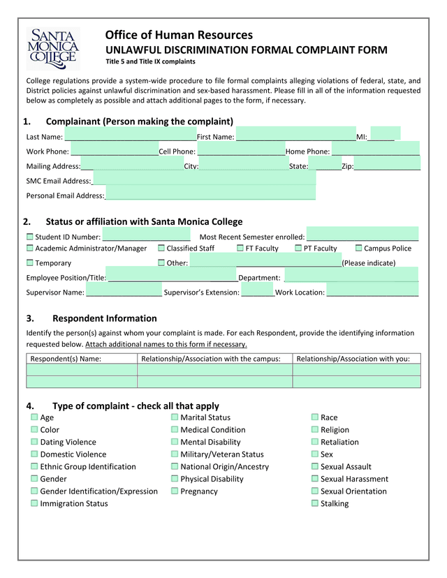 Unlawful Discrimination Formal Complaint Form screenshot
