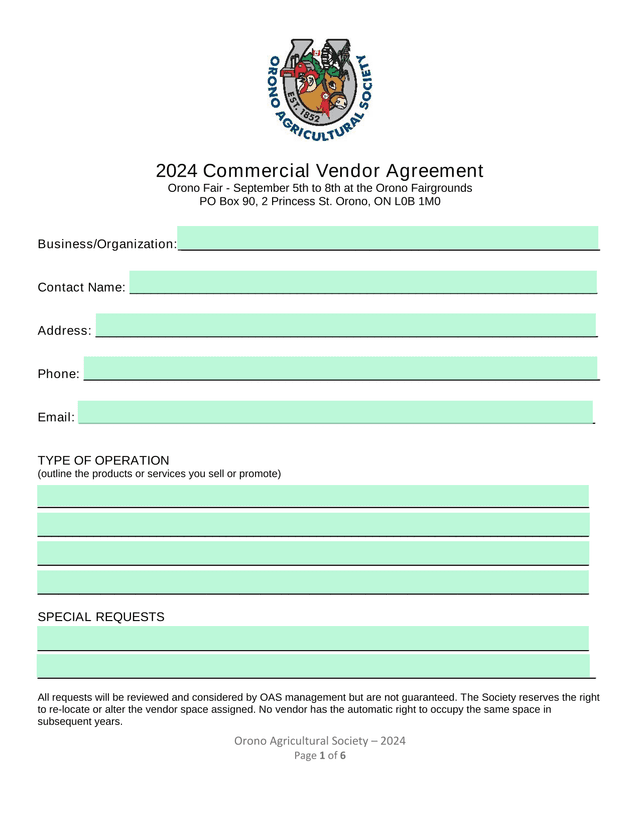 2024 Commercial Vendor Agreement screenshot