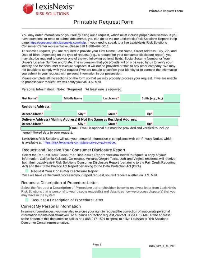 Printable Request Form screenshot