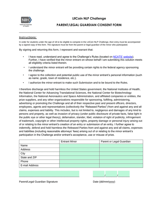 LitCoin NLP Challenge ParentLegal Guardian Consent Form screenshot