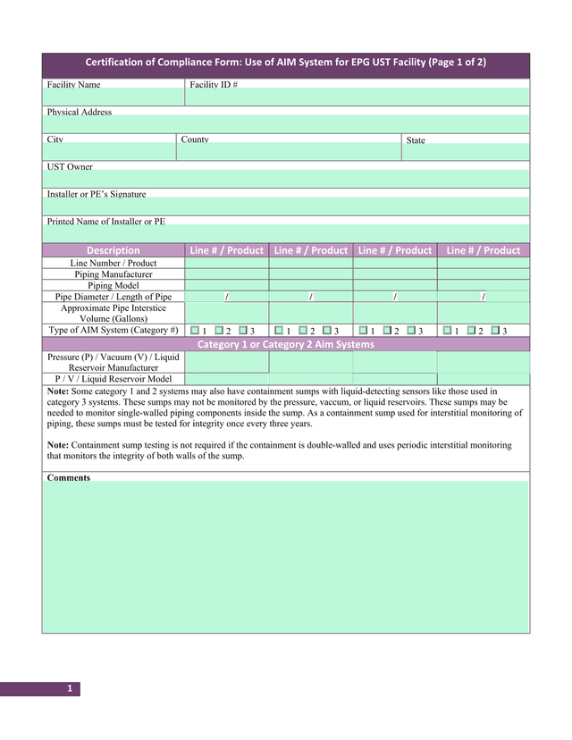 Certification Of Compliance Form Use Of AIM System For EPG UST Facility screenshot