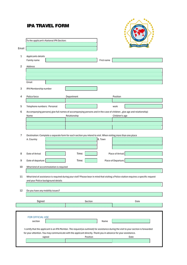 IPA TRAVEL FORM screenshot