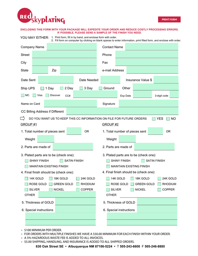 Plating Order Form screenshot