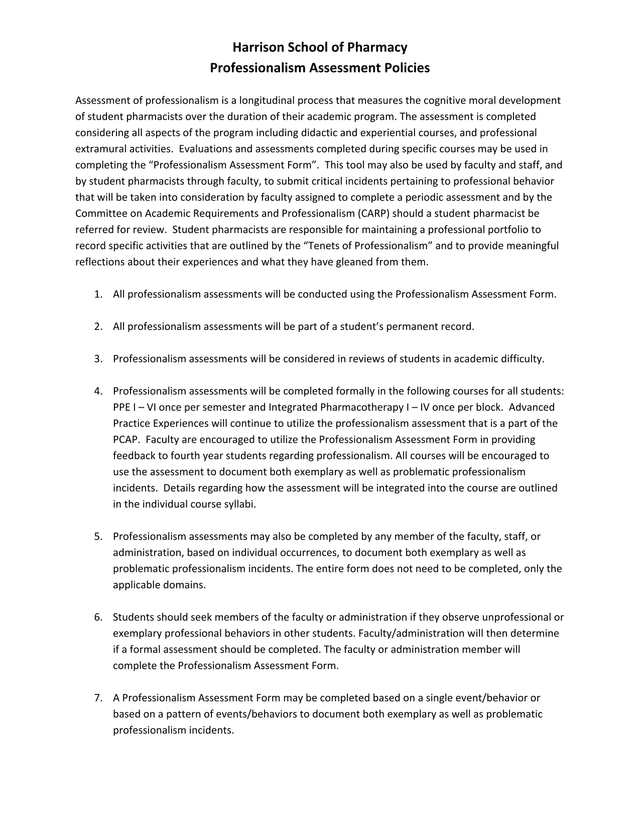 Harrison School Of Pharmacy Professionalism Assessment Policies screenshot