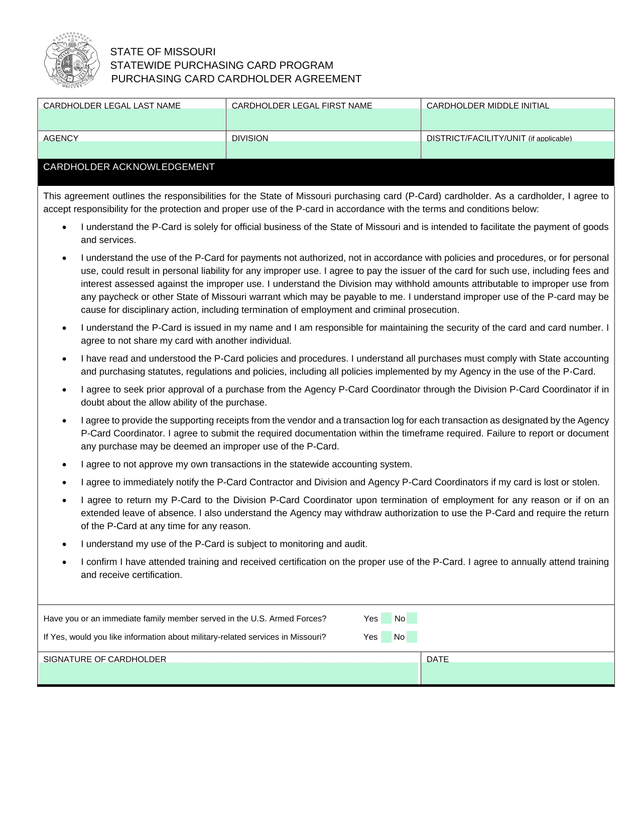 STATE OF MISSOURI STATEWIDE PURCHASING CARD PROGRAM PURCHASING CARD CARDHOLDER AGREEMENT screenshot