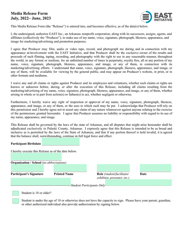 Media Release Form screenshot
