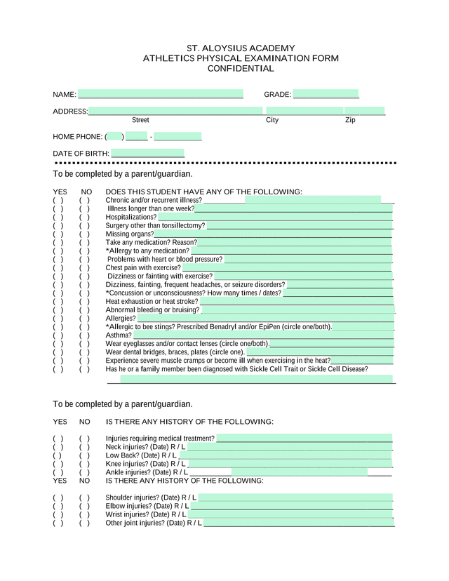 ST. ALOYSIUS ACADEMY ATHLETICS PHYSICAL EXAMINATION FORM screenshot