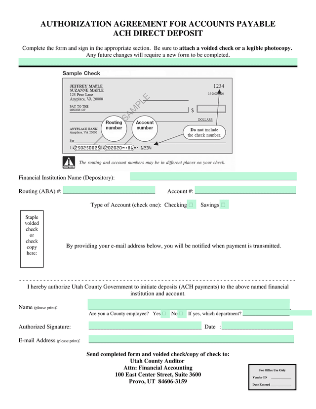 AUTHORIZATION AGREEMENT FOR ACCOUNTS PAYABLE ACH DIRECT DEPOSIT screenshot