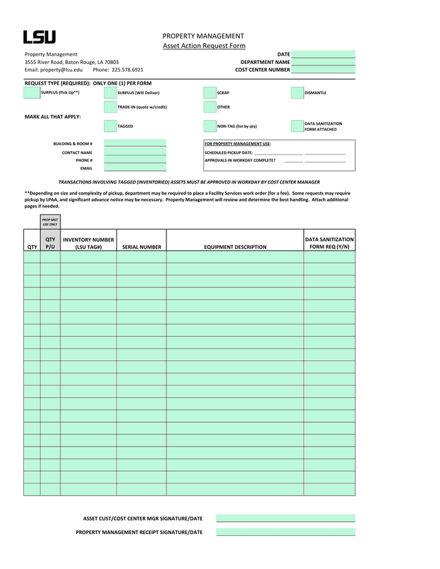 Asset Action Request Form screenshot